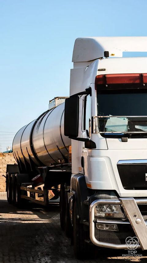 White truck pulling a stainless steel tanker trailer under a clear blue sky